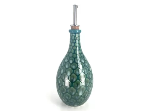 Bouteille à huile en céramique bleu canard décor écailles. fait main à Salernes